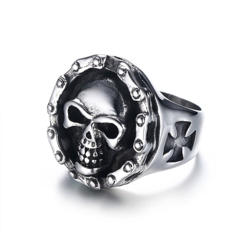 Motorcycle Chain Iron Cross Skull Ring