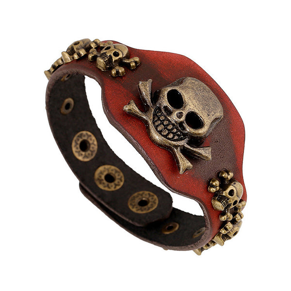 Men's Leather Skeleton Skull Head Bracelet
