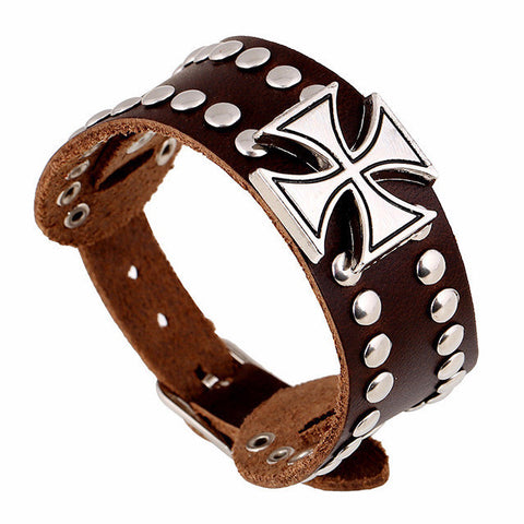 Women's Leather Iron Cross Bracelet